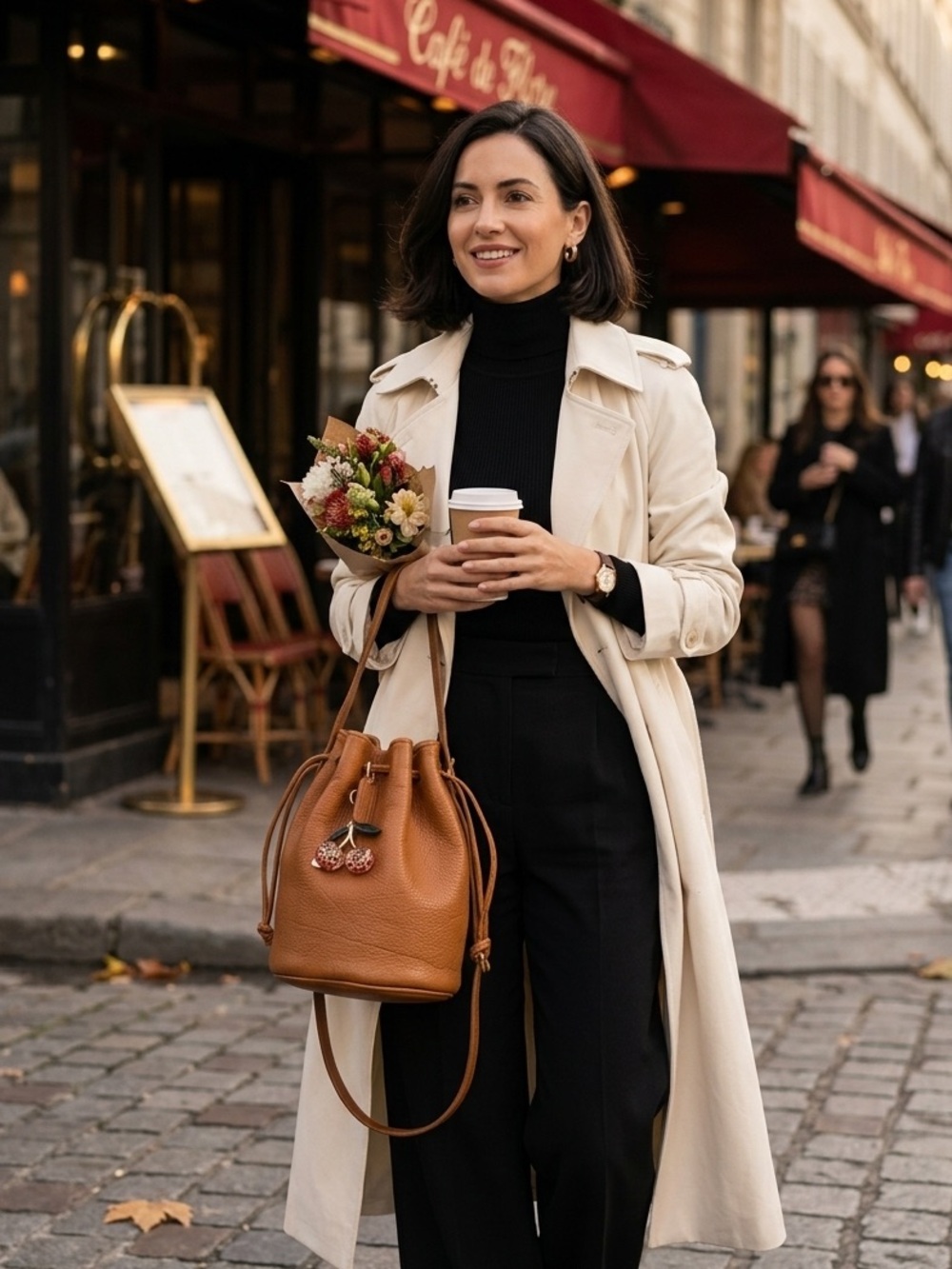 Coach Cream Trench Coat with Black Outfit and Tan Leather Bucket Bag